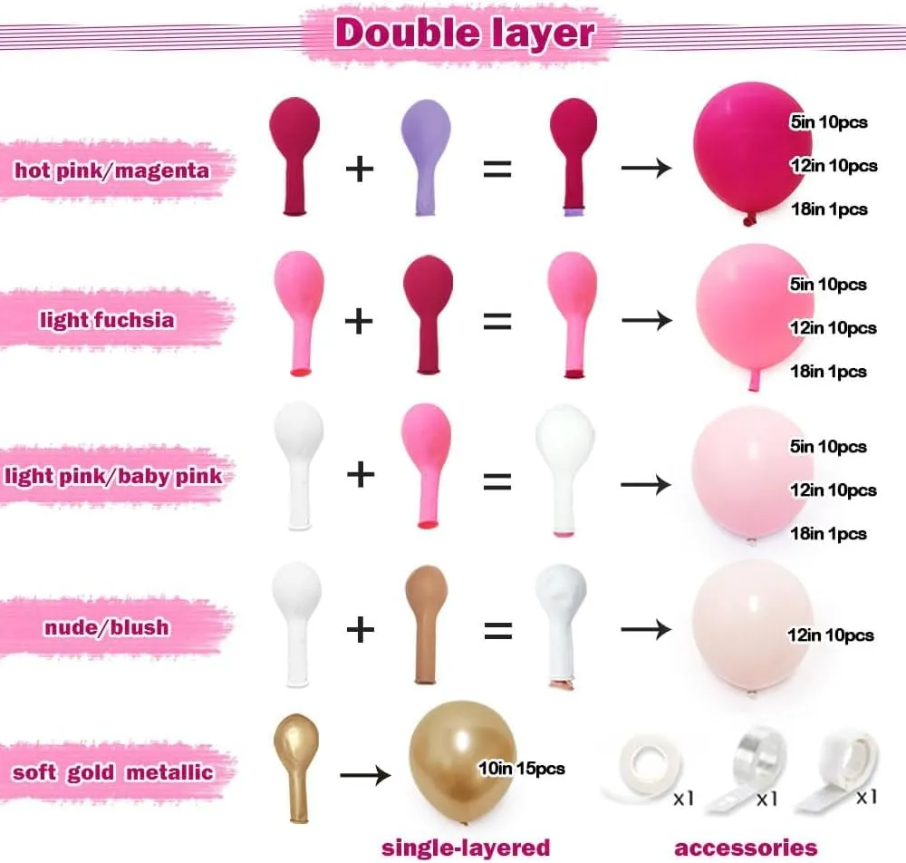 Hot Pink Balloon Arch Kit - Double Stuffed Dark Light Pink Magenta Blush Gold Balloon Garland for Birthday Baby Shower Wedding Summer Party Decoration