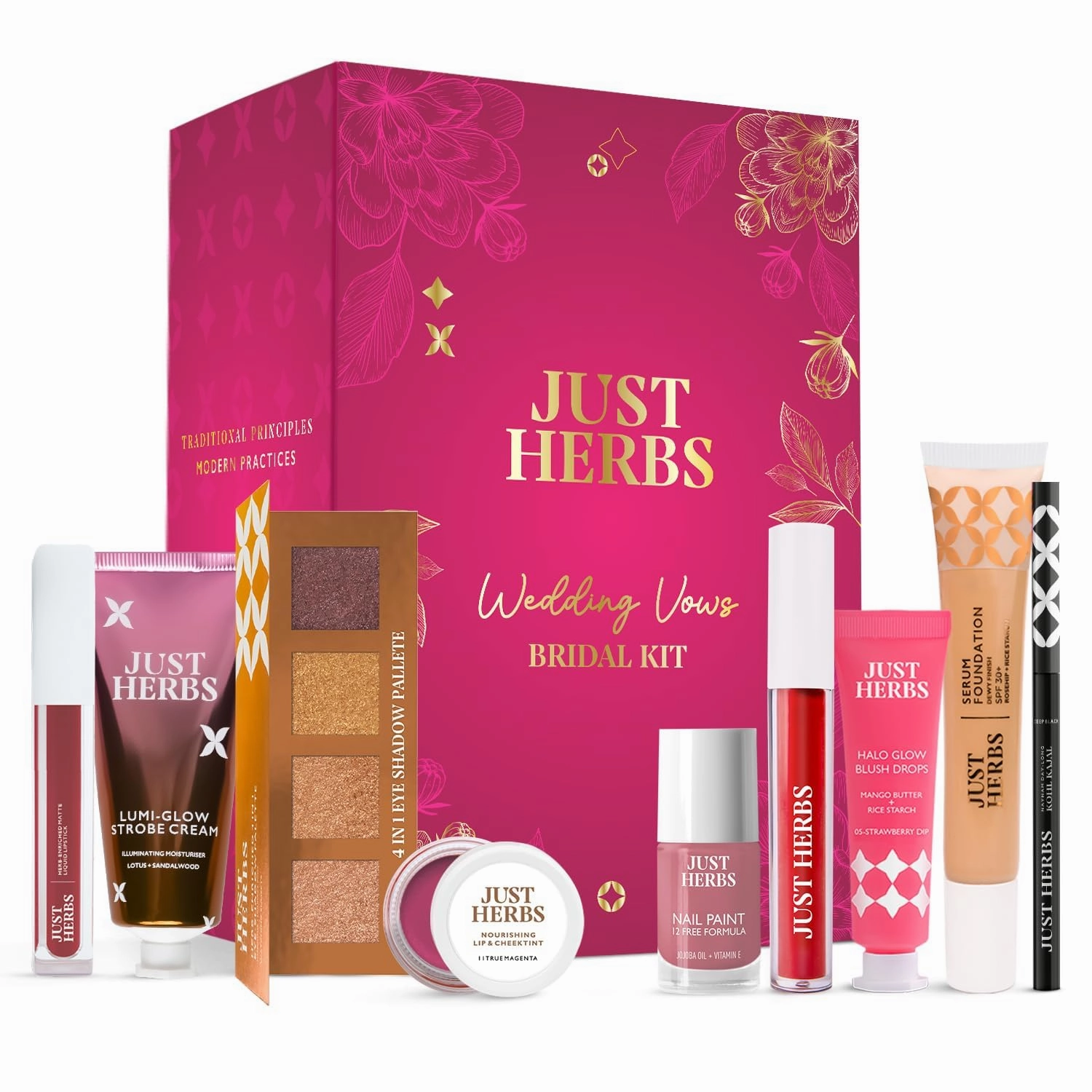 Ju,st Her.,bs Wedding Kit Glam Essentials with Matte Lipstick | Kajal | Sindoor | Eyeshadow Palette | Nail Paint | Serum Foundation | Blush Drops All in One Makeup Gifting Kit for Women (Pack of 9)