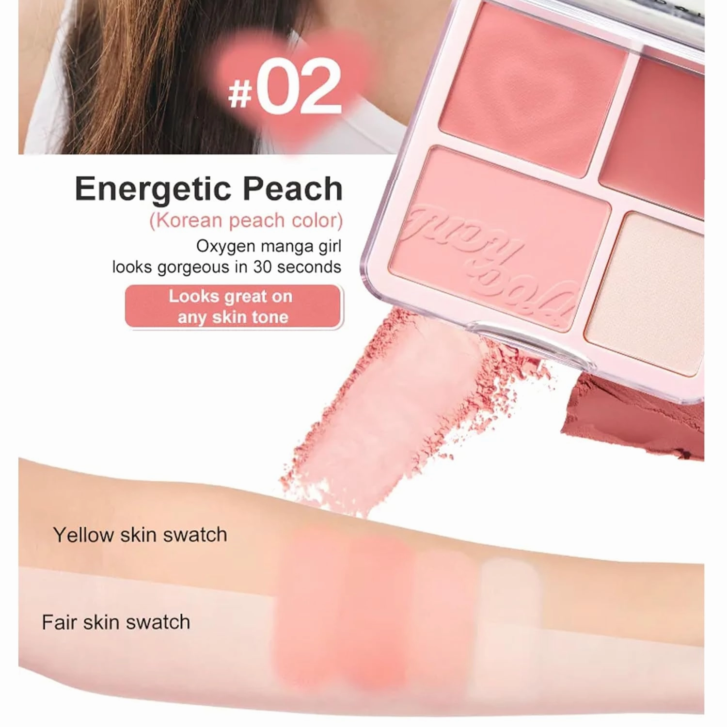 Judy 2 In 1 Blush & Highlight Palette, Non-greasy, Lasting Sparkling, Sculpt the Face Makeup (#02 Energetic Peach, 9g)