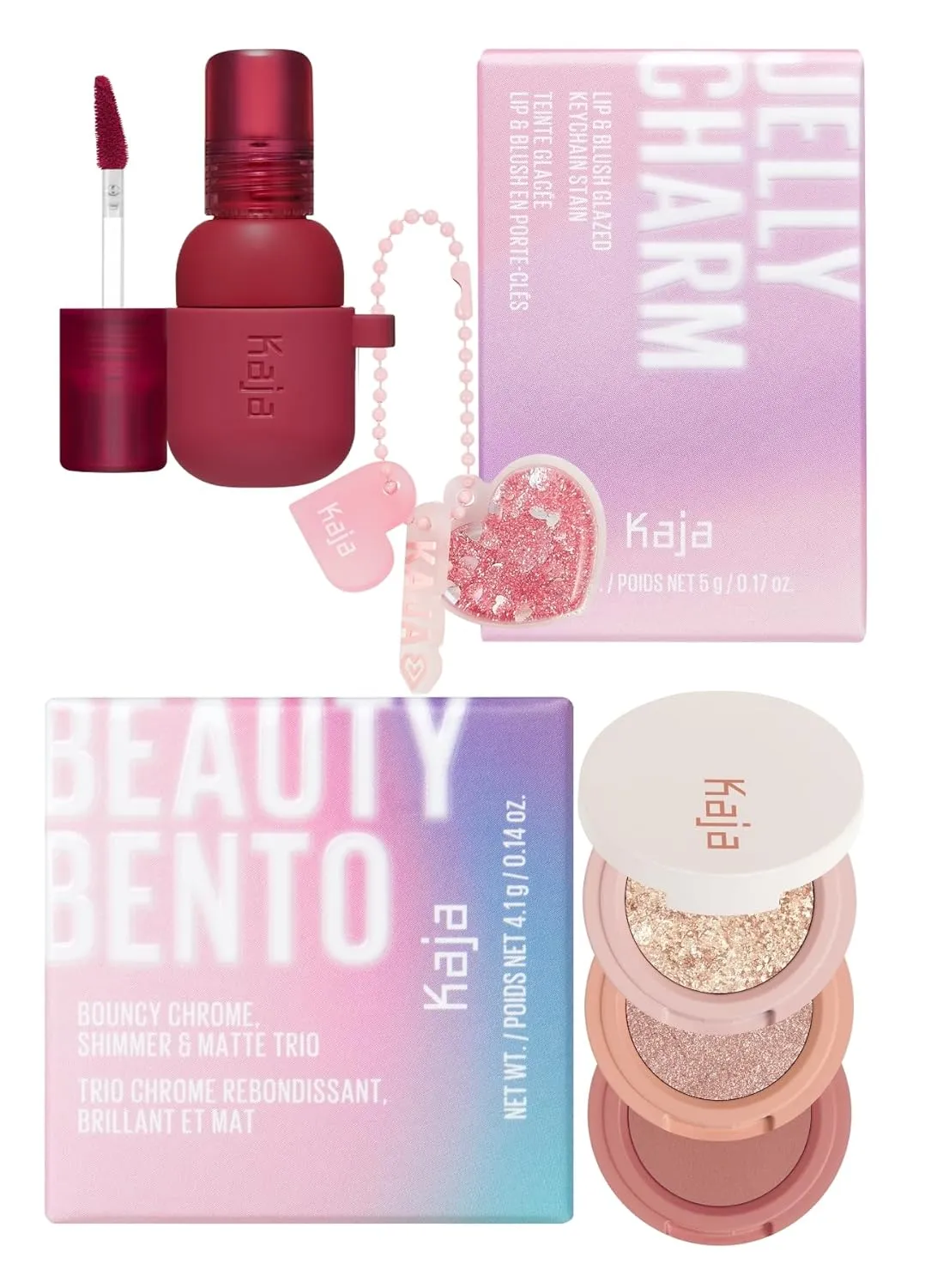 Kaja Lip & Blush Glazed Keychain Stain - Jelly Charm 02 Squeeze Guava   Beauty Bento Collection - Bouncy Eyeshadow Trio 16 Peach Madeline Bundle