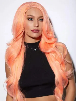 Kim Blush Wig Color Tropical Peach - Sepia Wigs 26" Long Wavy Lace Front 100% Futura Heat Friendly Synthetic Hair Vibrant Costume Realistic Hairline Layered Bundle MaxWigs Hairloss Booklet