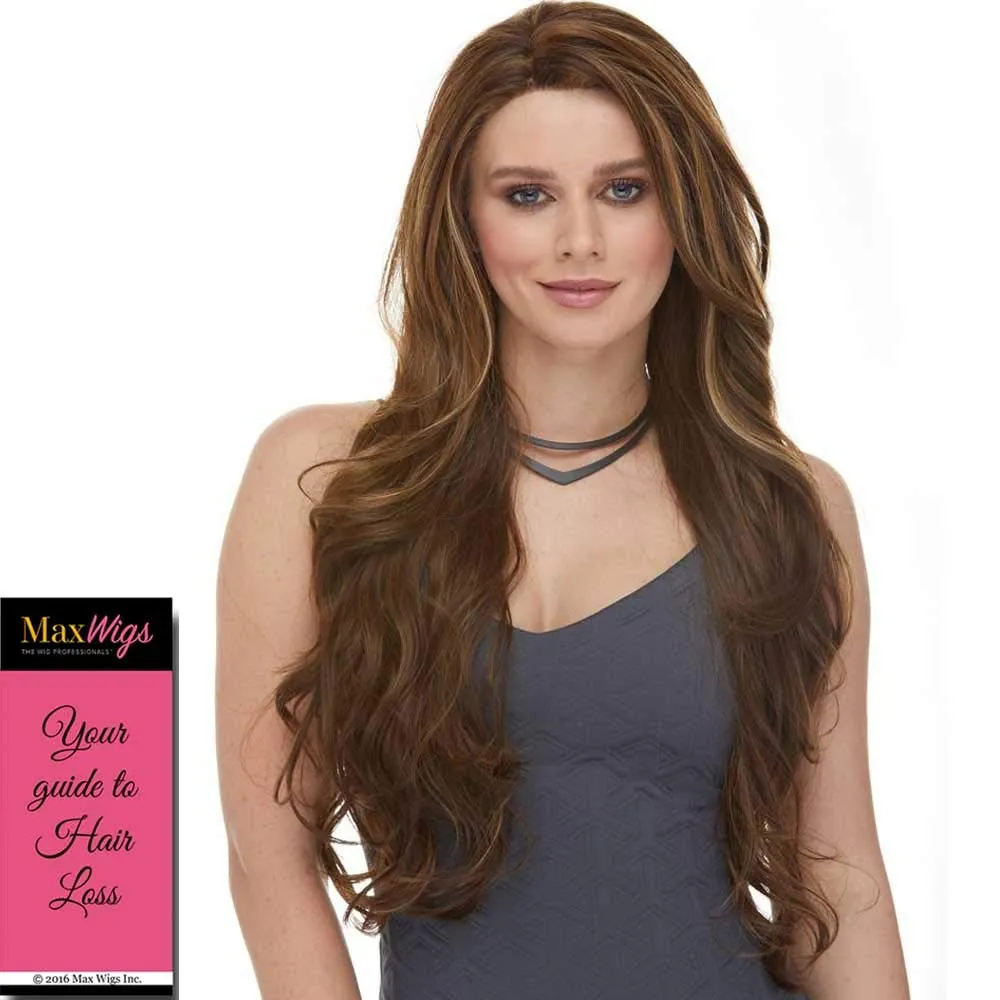 Kim Blush Wig Color Tropical Peach - Sepia Wigs 26" Long Wavy Lace Front 100% Futura Heat Friendly Synthetic Hair Vibrant Costume Realistic Hairline Layered Bundle MaxWigs Hairloss Booklet