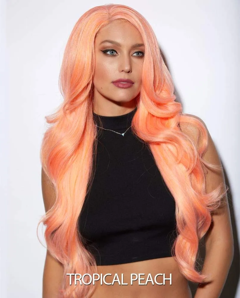 Kim Blush Wig Color Tropical Peach - Sepia Wigs 26" Long Wavy Lace Front 100% Futura Heat Friendly Synthetic Hair Vibrant Costume Realistic Hairline Layered Bundle MaxWigs Hairloss Booklet