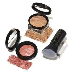 LAURA GELLER NEW YORK Blush-n-Glow Kit (3 Piece) Baked Balance-N-Glow Illuminating CC Powder Foundation Golden Medium, Retractable Kabuki Brush, Baked Blush-N-Brighten Pink Grapefruit