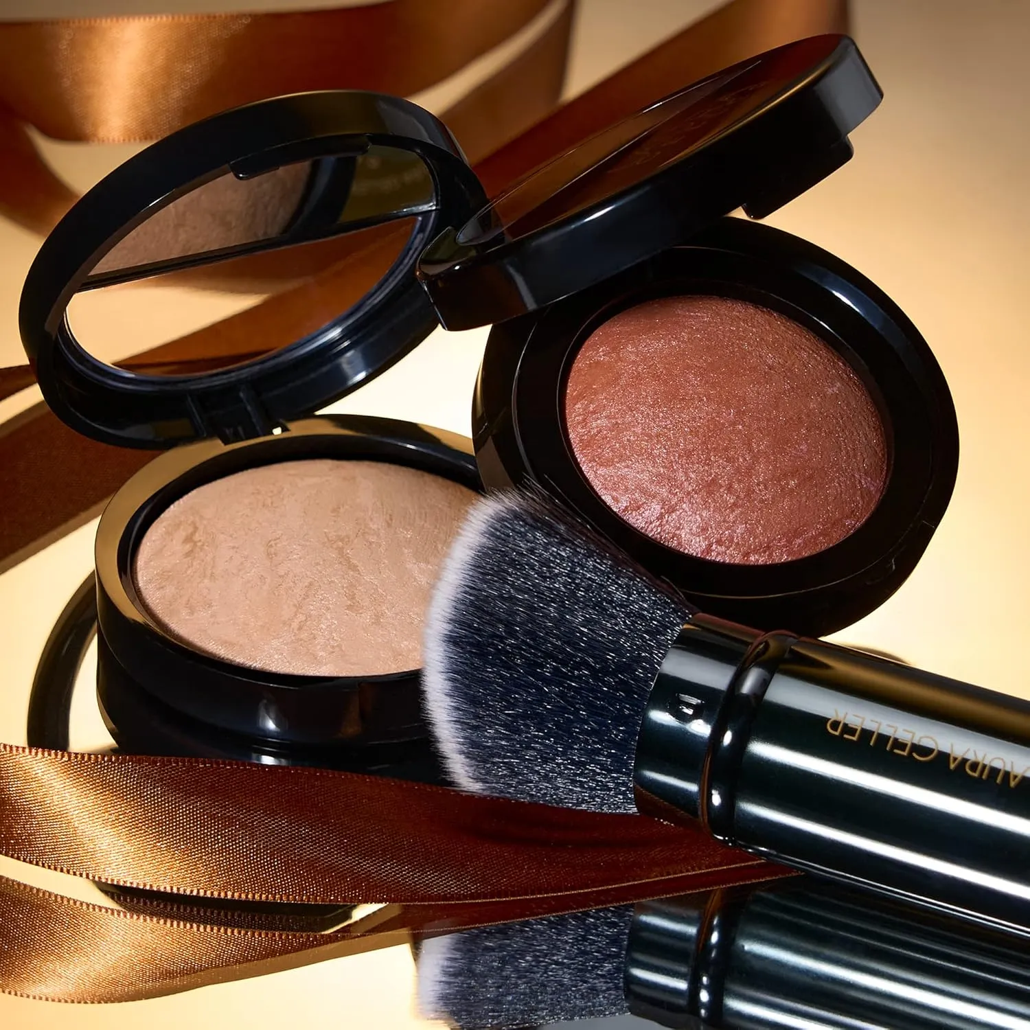 LAURA GELLER NEW YORK Blush-n-Glow Kit (3 Piece) Baked Balance-N-Glow Illuminating CC Powder Foundation Golden Medium, Retractable Kabuki Brush, Baked Blush-N-Brighten Pink Grapefruit
