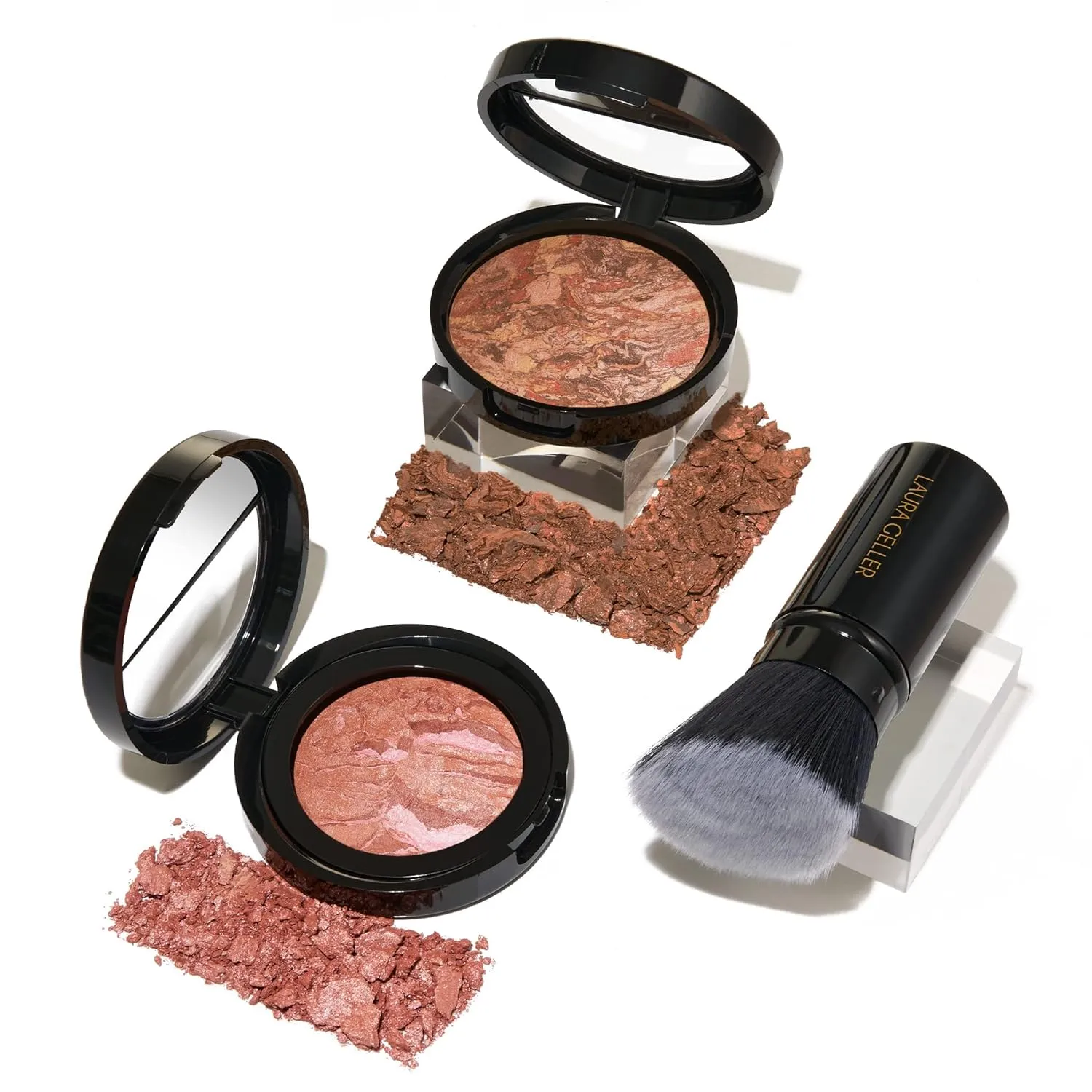 LAURA GELLER NEW YORK Blush-n-Glow Kit - Baked Balance-N-Glow Illuminating Powder Foundation, Deep   Retractable Kabuki Brush   Baked Blush-N-Brighten, Pink Grapefruit