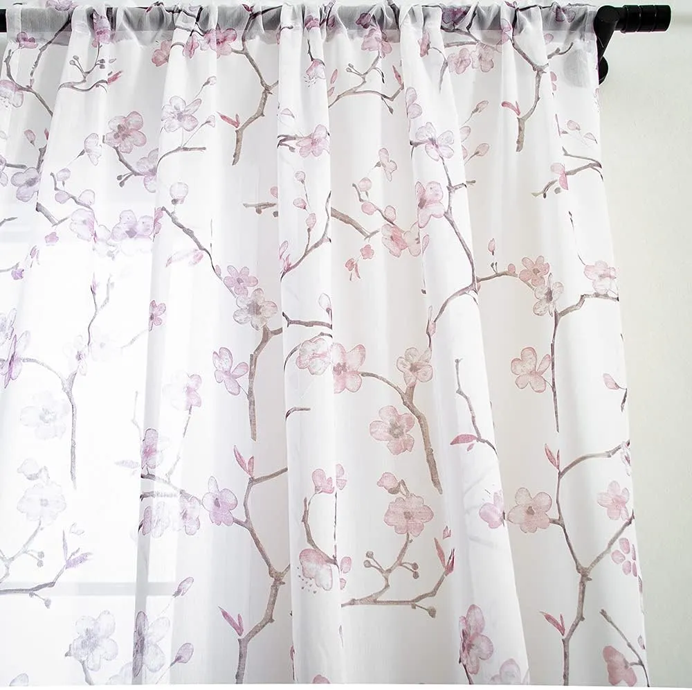 Linentalks Floral Pink Sheer Curtains 63 Inches Long 2 Panels Set, Cherry Blossom Semi Sheer Blush Curtains for Living Room, Rod Pocket Short Sheer Pink Curtains for Girls Bedroom, Pink Curtain Drapes