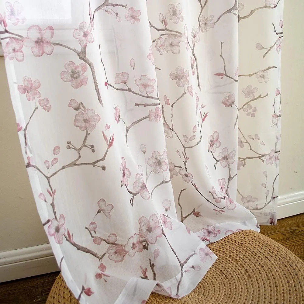 Linentalks Floral Pink Sheer Curtains 63 Inches Long 2 Panels Set, Cherry Blossom Semi Sheer Blush Curtains for Living Room, Rod Pocket Short Sheer Pink Curtains for Girls Bedroom, Pink Curtain Drapes