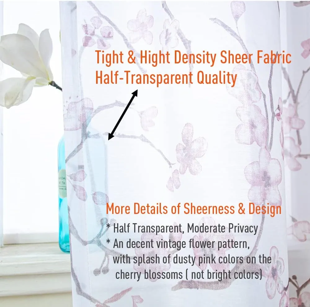 Linentalks Floral Pink Sheer Curtains 63 Inches Long 2 Panels Set, Cherry Blossom Semi Sheer Blush Curtains for Living Room, Rod Pocket Short Sheer Pink Curtains for Girls Bedroom, Pink Curtain Drapes