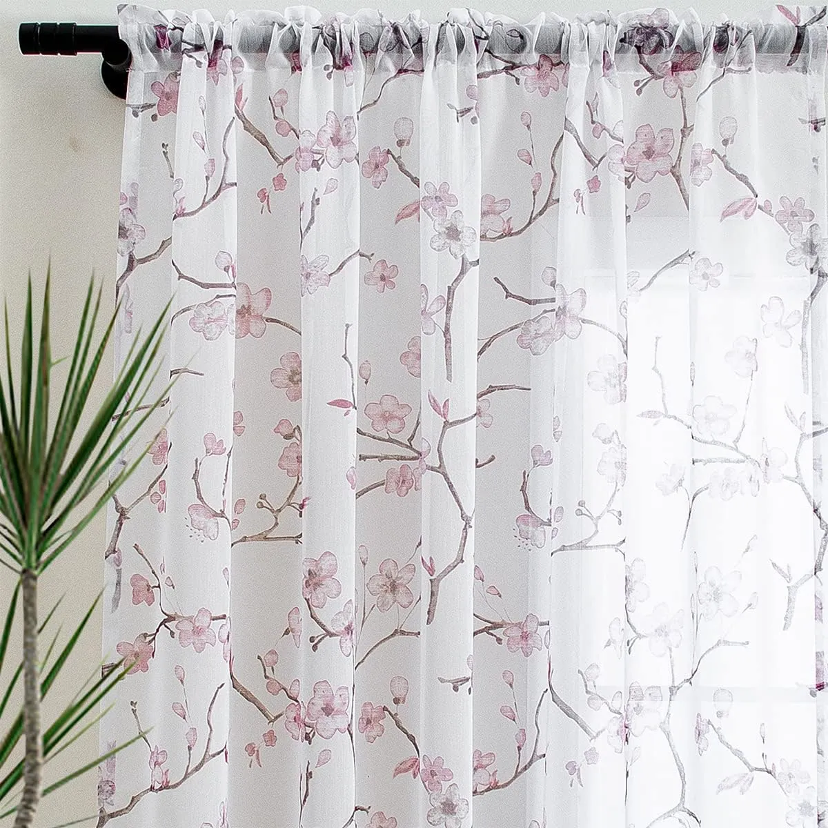Linentalks Floral Pink Sheer Curtains 63 Inches Long 2 Panels Set, Cherry Blossom Semi Sheer Blush Curtains for Living Room, Rod Pocket Short Sheer Pink Curtains for Girls Bedroom, Pink Curtain Drapes