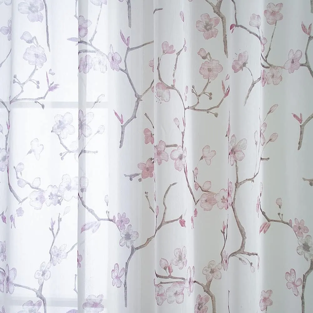 Linentalks Floral Pink Sheer Curtains 63 Inches Long 2 Panels Set, Cherry Blossom Semi Sheer Blush Curtains for Living Room, Rod Pocket Short Sheer Pink Curtains for Girls Bedroom, Pink Curtain Drapes
