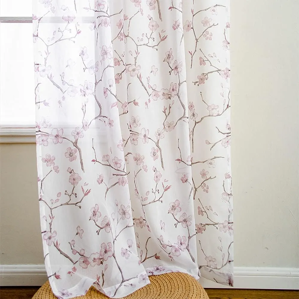 Linentalks Floral Pink Sheer Curtains 63 Inches Long 2 Panels Set, Cherry Blossom Semi Sheer Blush Curtains for Living Room, Rod Pocket Short Sheer Pink Curtains for Girls Bedroom, Pink Curtain Drapes