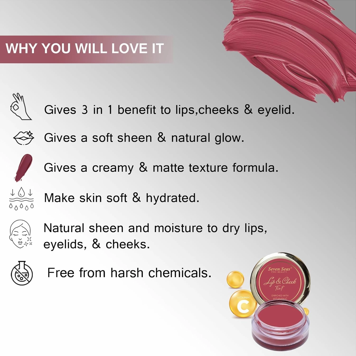 Lip & Cheek Tint Richness Of Essential Oils And Vitamin C For Lips, Eyelids & Cheeks, Matte Finish Give You a Soft Natural Glow (Blush Pink)