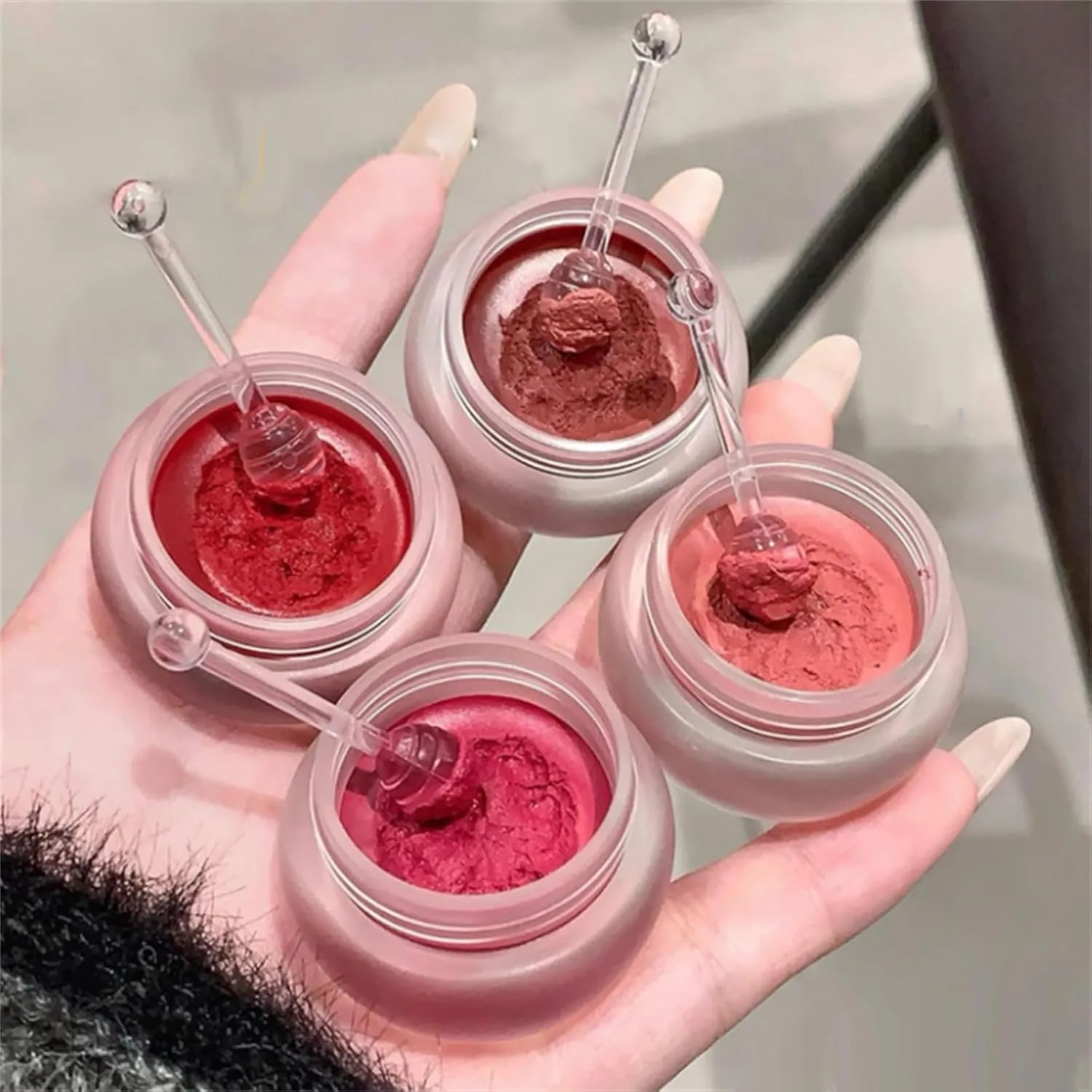 Lip&cheek Blurry Pudding Pot with Keyring, Multi-use Natural Glow Face Blush, Soft Matte Blush Blurry Makeup Blush Lipstick, Long-Lasting Makeup, High Color Rendering (3pcs C)
