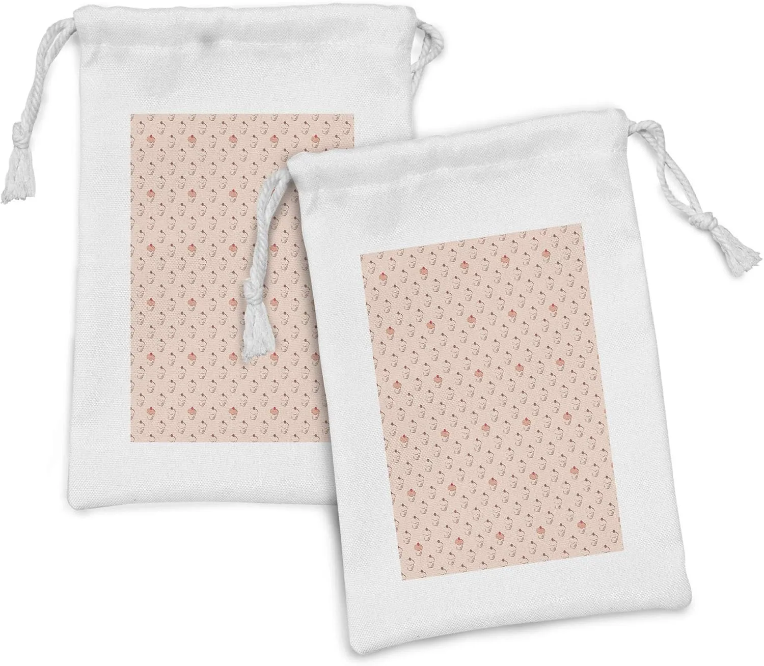 Lunarable Cupcake Fabric Pouch Set of 2, Continuous Muffins Cherry Vintage Concept Nostalgia Themed Pattern, Small Drawstring Bag for Toiletries Masks and Favors, 9" x 6", Pale Rust Blush and Peach