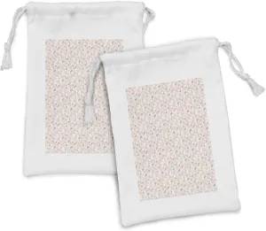 Lunarable Flower Fabric Pouch Set of 2, Pastel Colored Blossoms Romantic Garden with Chrysanthemum Feminine Design, Small Drawstring Bag for Toiletries Masks and Favors, 9" x 6", Taupe Blush Peach