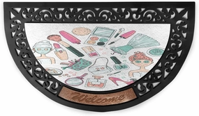 Lunarable Makeup Doormat, Beauty and Care Products Woman with Face Cosmetic Blush Doodle, Semi Circle Entryway Welcome Mat for Front & Backard 2 Pieces, 19.6" x 31.4", Pink Seafoam Pale Peach