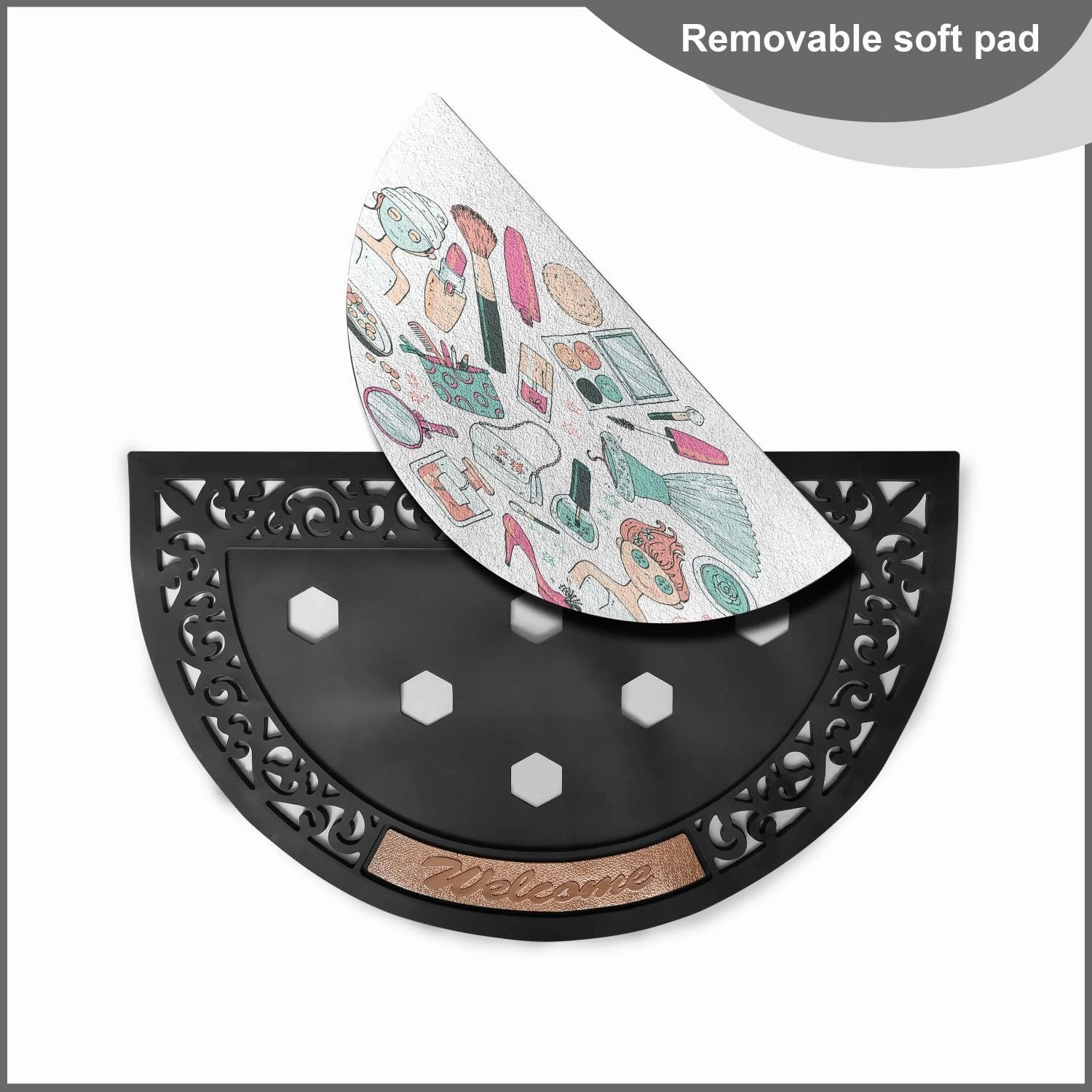 Lunarable Makeup Doormat, Beauty and Care Products Woman with Face Cosmetic Blush Doodle, Semi Circle Entryway Welcome Mat for Front & Backard 2 Pieces, 19.6" x 31.4", Pink Seafoam Pale Peach