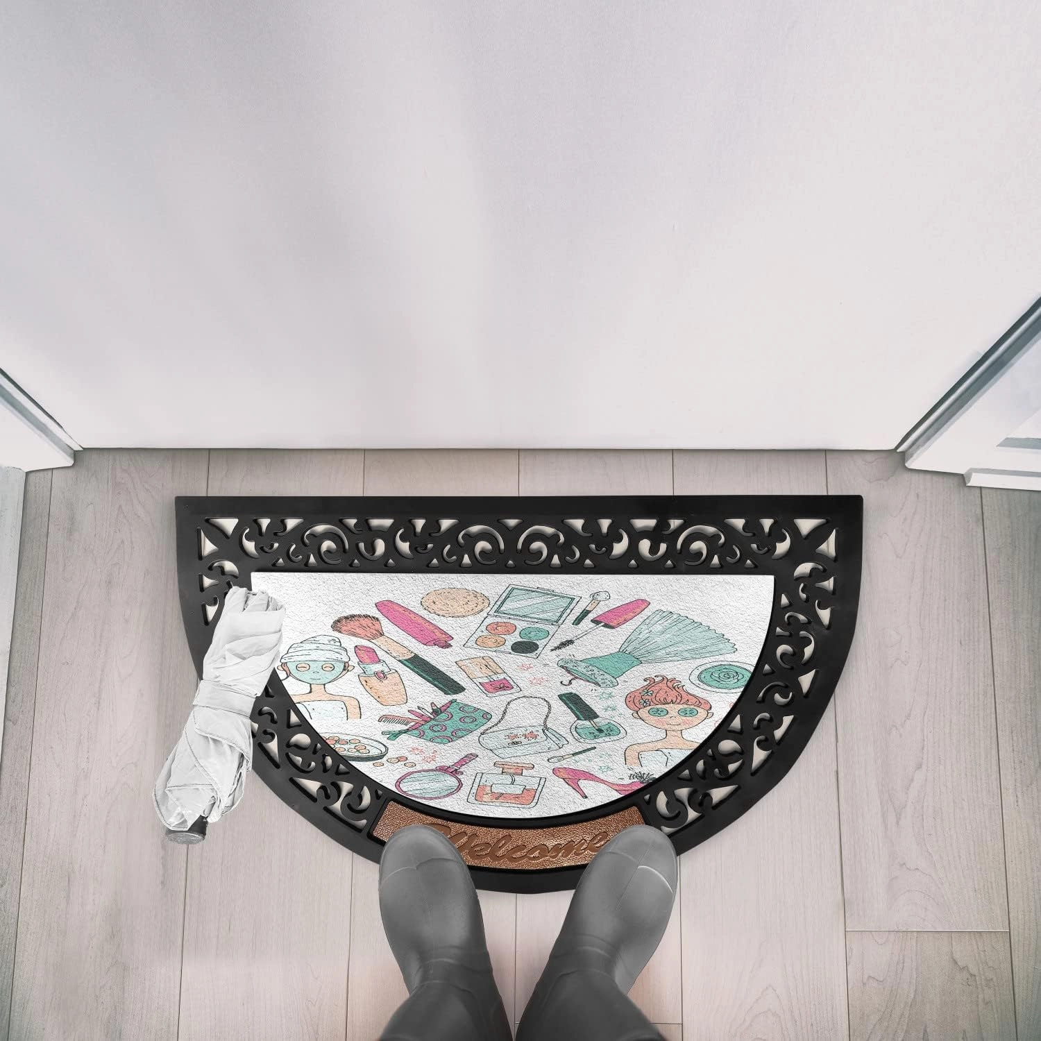 Lunarable Makeup Doormat, Beauty and Care Products Woman with Face Cosmetic Blush Doodle, Semi Circle Entryway Welcome Mat for Front & Backard 2 Pieces, 19.6" x 31.4", Pink Seafoam Pale Peach