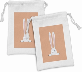 Lunarable Rabbit Fabric Pouch Set of 2, White Easter Bunny Looking out of a Hole in the Ground Cartoon Illustration, Small Drawstring Bag for Toiletries Masks and Favors, 9" x 6", Peach Blush White