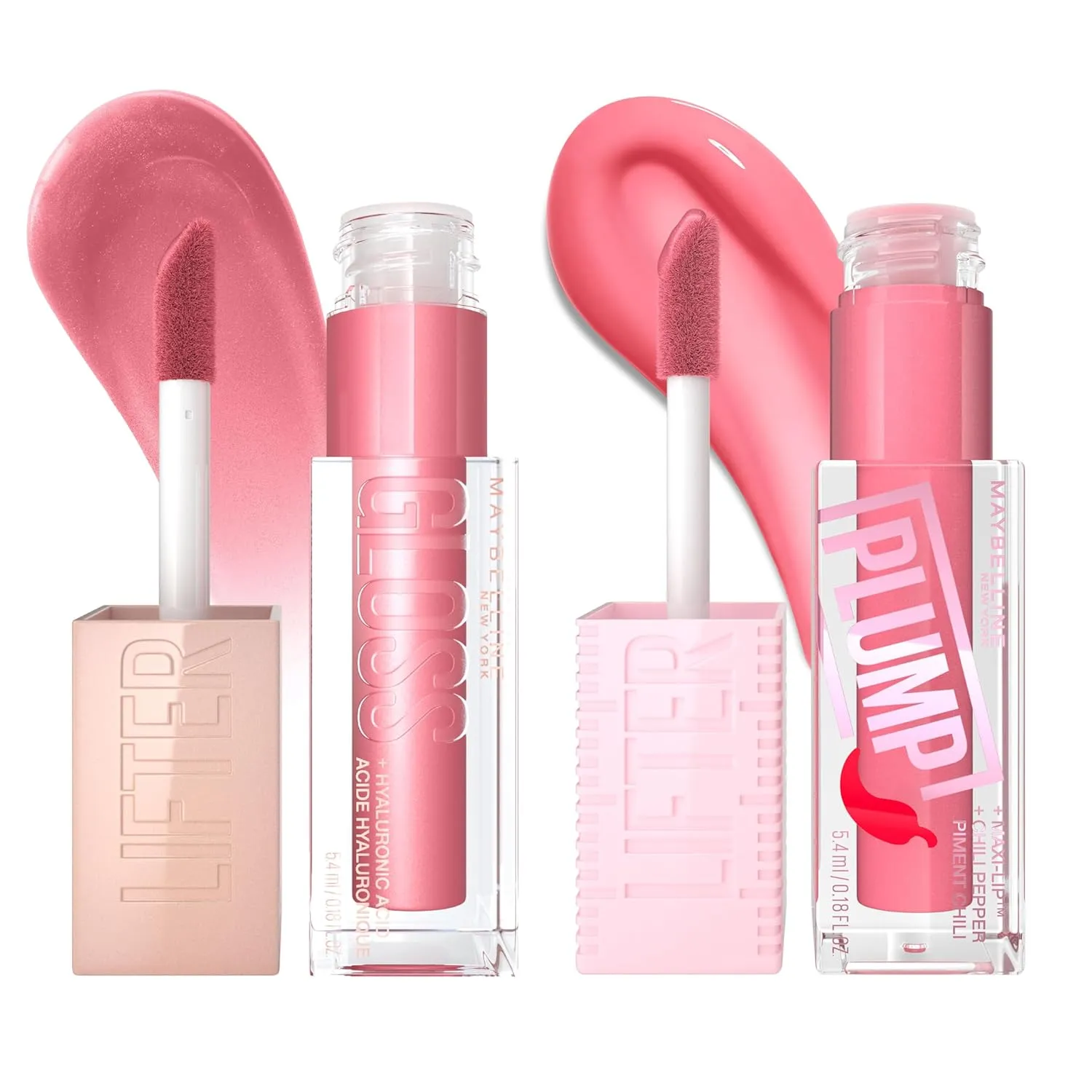 Maybelline Lifter Gloss and Lifter Plump Bundle, Hydrating, Pumping Lip Gloss in Shades Petal and Blush Blaze, Pack of 2