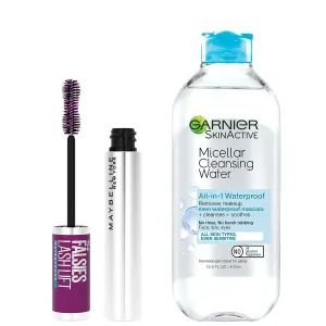 Maybelline The Falsies Lash Lift Waterproof Mascara   Garnier SkinActive Micellar Water Bundle, Includes 1 Mascara in Brownish Black and 1 Makeup Remover