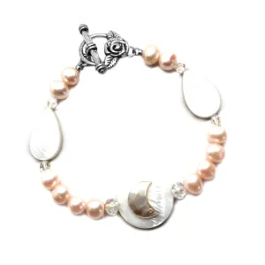 Mother-of-Pearl Oyster Shell Moon and Teardrops Blush Peach Cultured Freshwater Pearl Bracelet Toggle Clasp OOAK