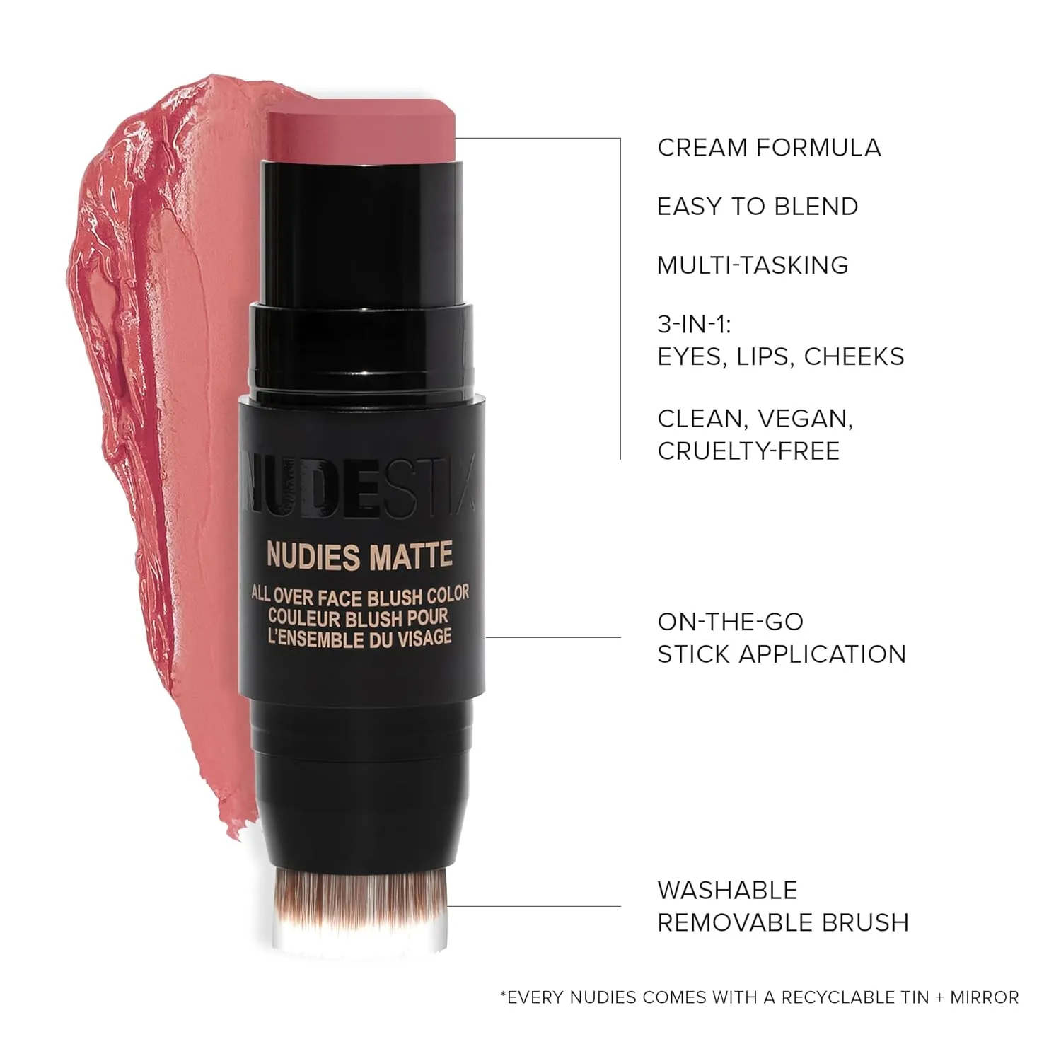 Nudestix Nudies Matte Cream Blush Stick 3-in-1 All Over Face Color - Blush Stick for Cheeks Eyes and Lips - Cream Blush for Cheeks w/Blending Brush
