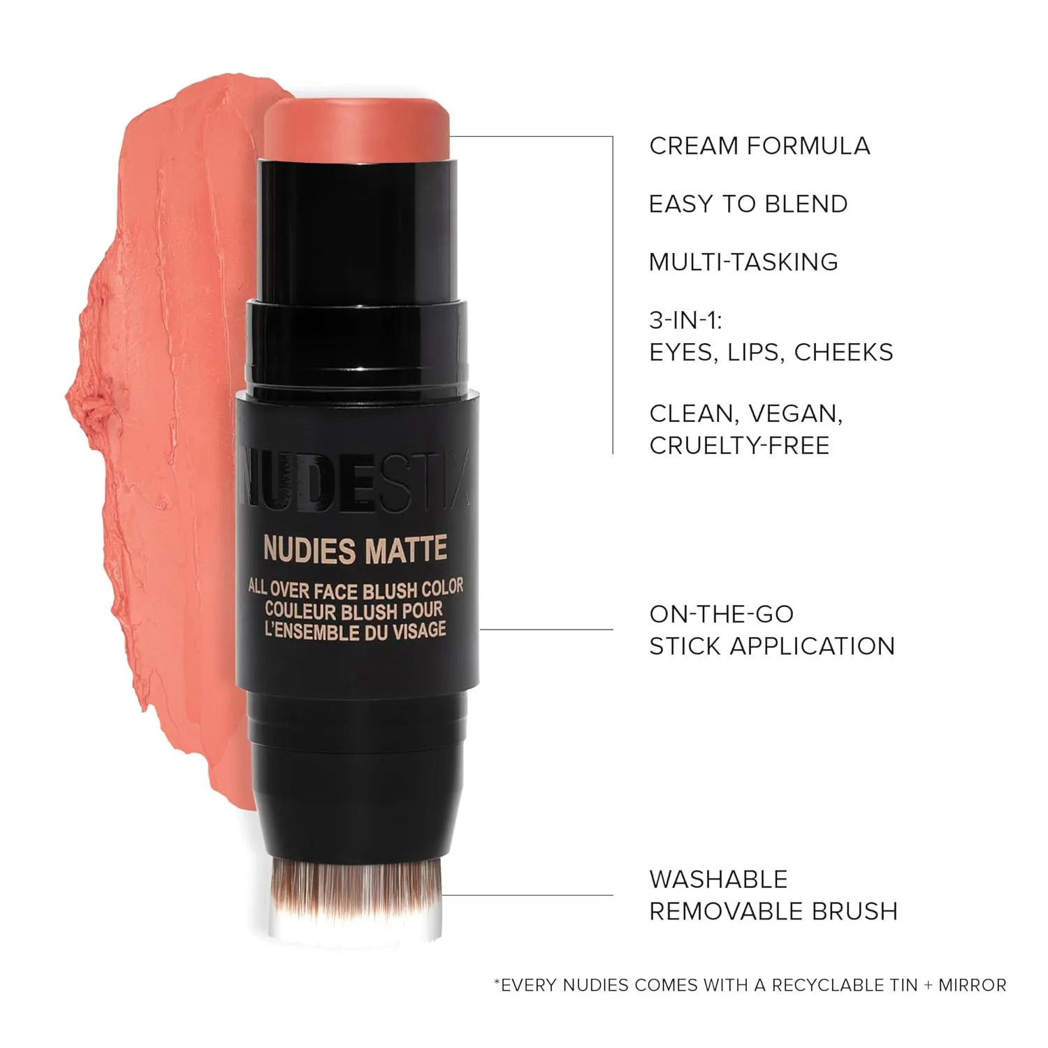 Nudestix Nudies Matte Cream Blush Stick 3-in-1 All Over Face Color - Blush Stick for Cheeks Eyes and Lips - Cream Blush for Cheeks w/Blending Brush