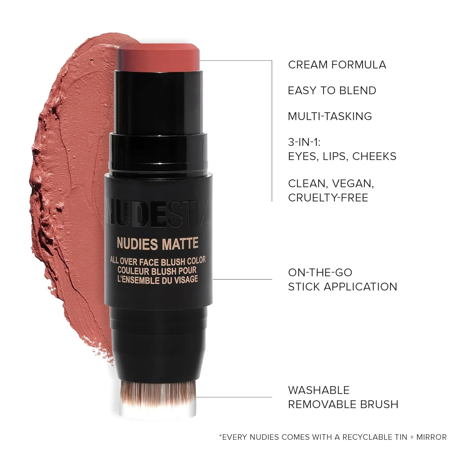 Nudestix Nudies Matte Cream Blush Stick 3-in-1 All Over Face Color - Blush Stick for Cheeks Eyes and Lips - Cream Blush for Cheeks w/Blending Brush