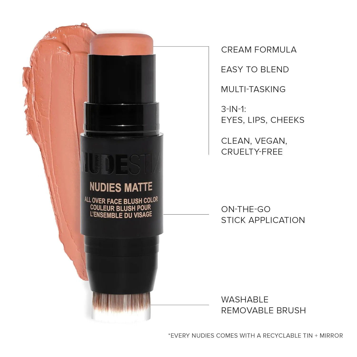 Nudestix Nudies Matte Cream Blush Stick 3-in-1 All Over Face Color - Blush Stick for Cheeks Eyes and Lips - Cream Blush for Cheeks w/Blending Brush