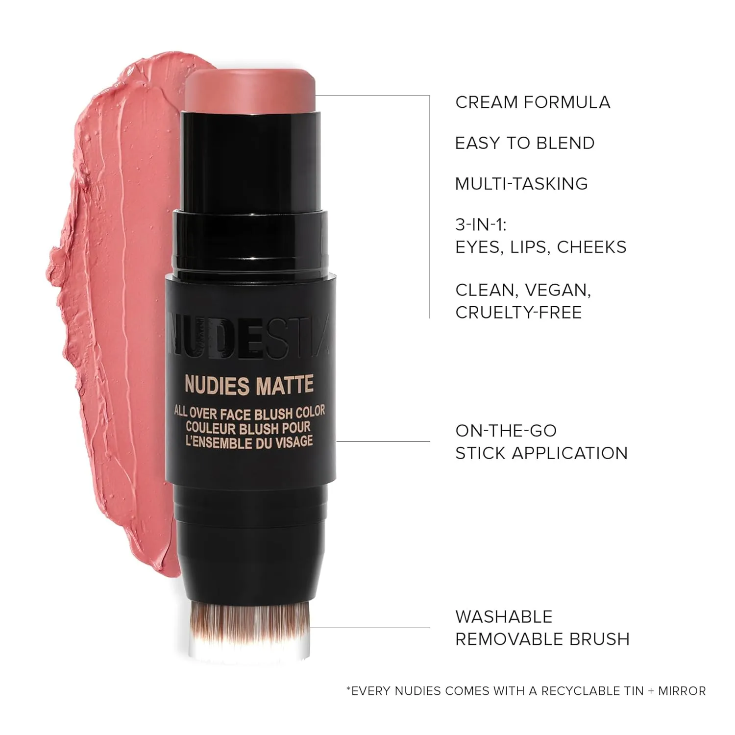 Nudestix Nudies Matte Cream Blush Stick 3-in-1 All Over Face Color - Blush Stick for Cheeks Eyes and Lips - Cream Blush for Cheeks w/Blending Brush