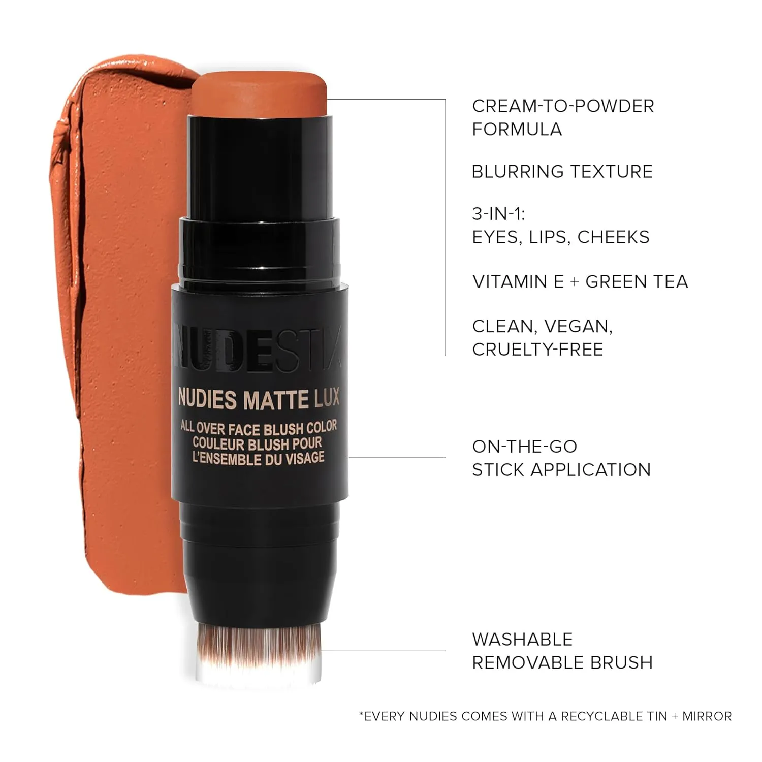 Nudestix Nudies Matte Lux Cream Blush 3-in-1 All Over Face Colour For Cheeks Eyes and Lips w/Blending Blush