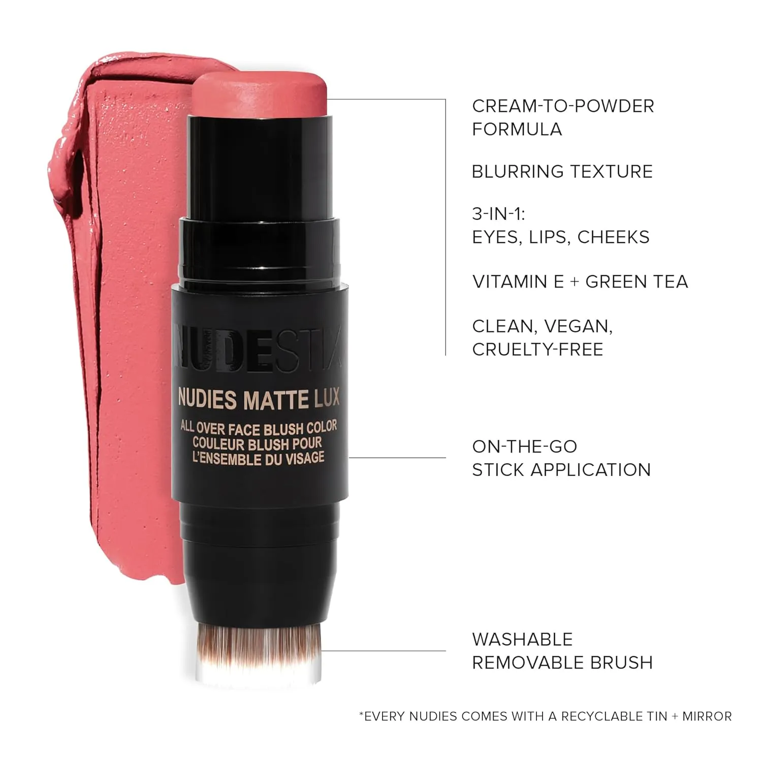 Nudestix Nudies Matte Lux Cream Blush 3-in-1 All Over Face Colour For Cheeks Eyes and Lips w/Blending Blush