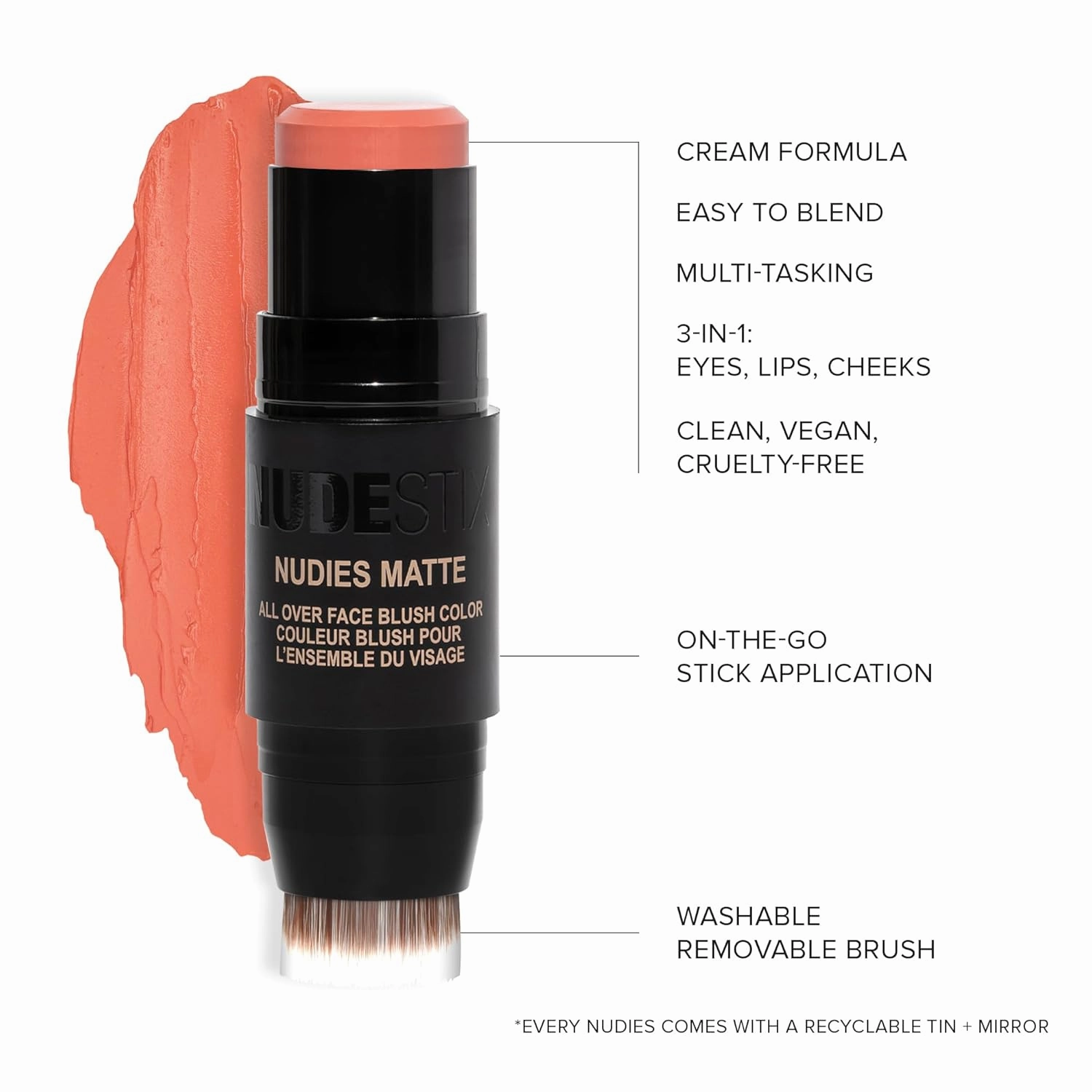 Nudestix Nudies Matte Cream Blush Stick 3-in-1 All Over Face Color - Blush Stick for Cheeks Eyes and Lips - Cream Blush for Cheeks w/Blending Brush