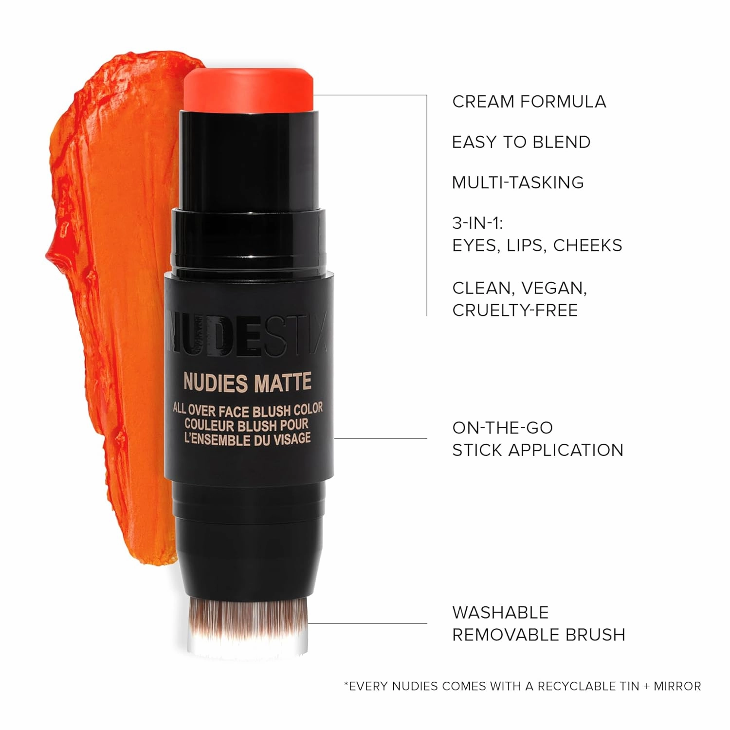 Nudestix Nudies Matte Cream Blush Stick 3-in-1 All Over Face Color - Blush Stick for Cheeks Eyes and Lips - Cream Blush for Cheeks w/Blending Brush