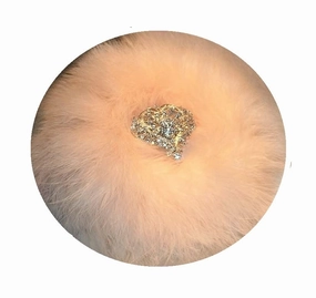 Off White Faux Fur Bath Dusting Powder Puff Trimmed in Soft Peach Blush Marabou ~ Rhinestone Embellished Heart Shaped Handle
