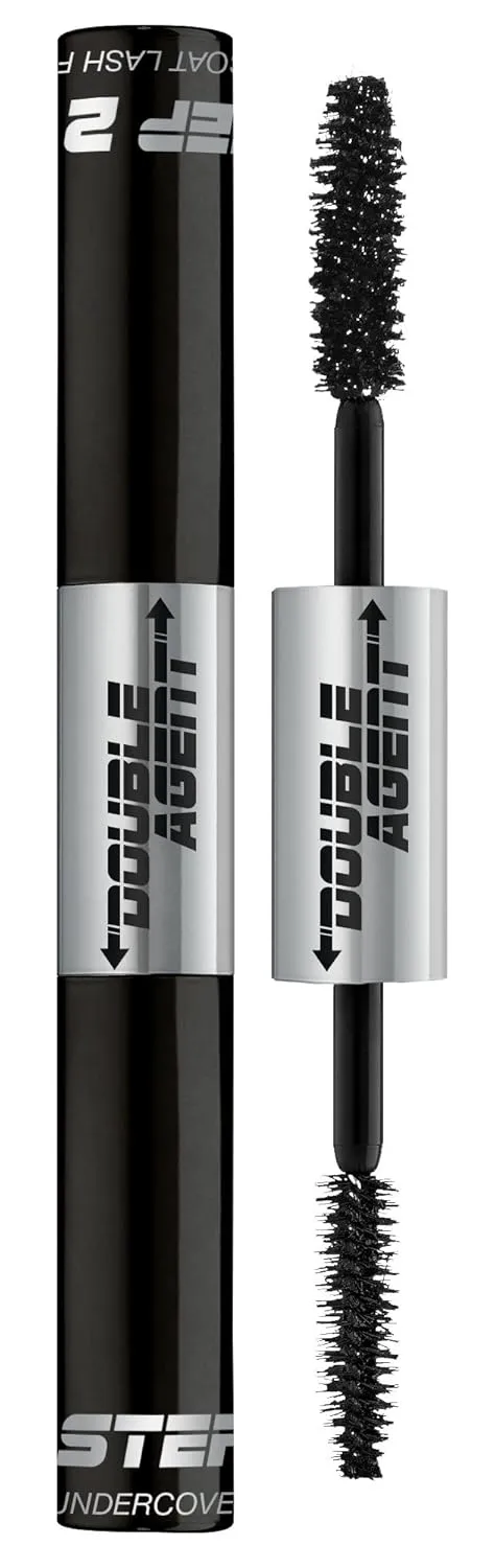 Palladio Double Agent Lash Extender Undercover Fiber Booster Mascara, dual lash system, increase eyelash length and volume, boost lashes for a bold dramatic look, voluminous makeup mascara, Jet Black