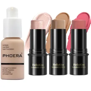 PHOERA Foundation,3 PCS Contour Stick Makeup Kit,Shades with Highlighter Stick,Blush Stick and Bronzer Contour,PHOERA Makeup Wrinkles Matte Natural Finish (102  Fair-Light Contour/Nude  #03,#09,#12)