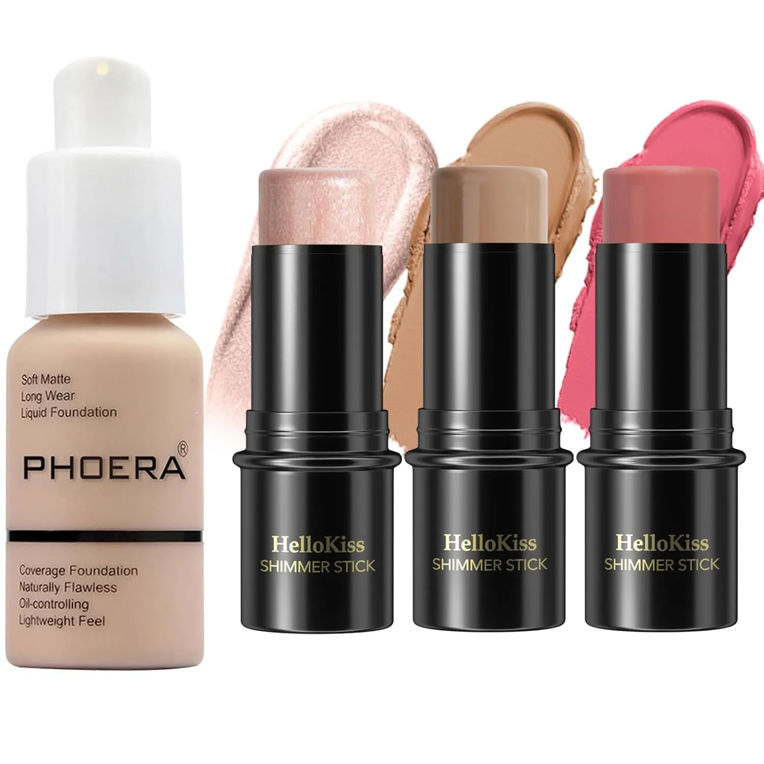 PHOERA Foundation,3 PCS Contour Stick Makeup Kit,Shades with Highlighter Stick,Blush Stick and Bronzer Contour,PHOERA Makeup Wrinkles Matte Natural Finish (102  Fair-Light Contour/Nude  #03,#09,#12)
