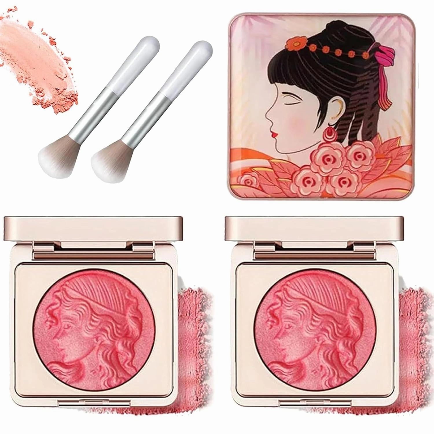 Quotationi Embossed Girl Blush for Cheeks, Embossed Smooth Powder Blush Palette for Cheeks, Matte Face Powder Blush Palette,Natural Makeup, Radiant Finish (2*Pink)