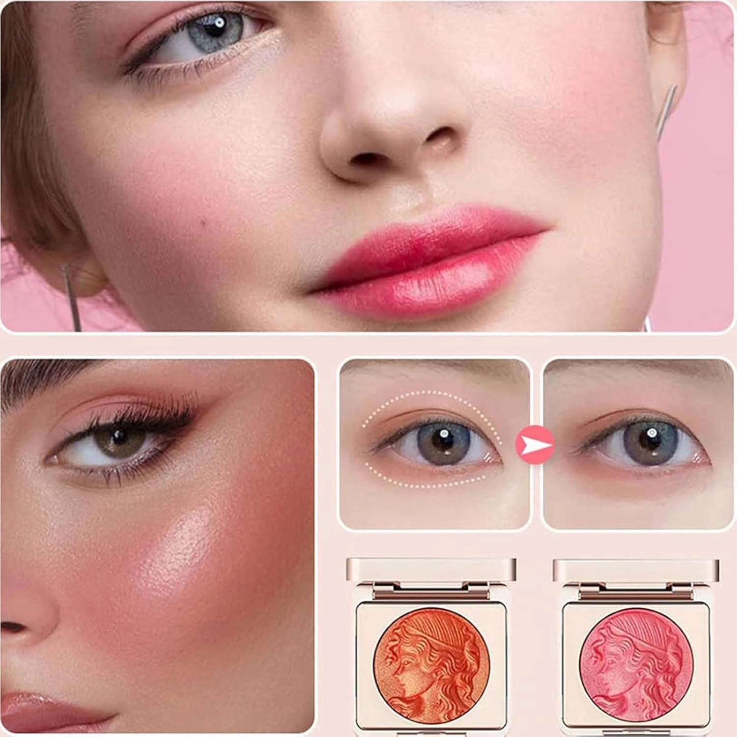 Quotationi Embossed Girl Blush for Cheeks, Embossed Smooth Powder Blush Palette for Cheeks, Matte Face Powder Blush Palette,Natural Makeup, Radiant Finish (2*Pink)