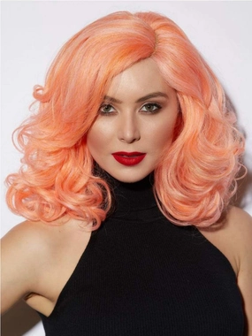 Reagan Blush Wig Color Tropical Peach - Sepia Wigs 14.5" Shoulder Length Curly Lace Front Heat Friendly Synthetic Hair Vibrant Costume Realistic Hairline Layered Bundle MaxWigs Hairloss Booklet