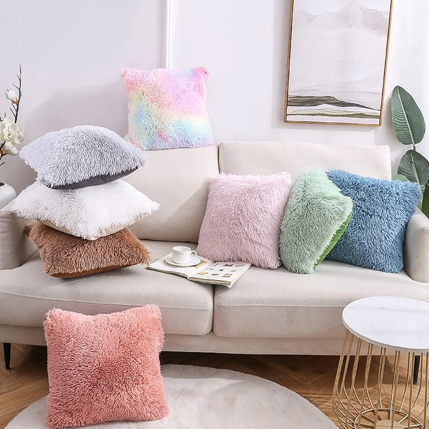 Soft Fur Faux Fur Throw Pillow Covers Red Pack of 2 Peach Blush Plush Decorative Tie Dye Pink Throw Girls Pillow Covers, Cute Cushion Cases Pillowcases for Sofa Couch Living Room Bedroom