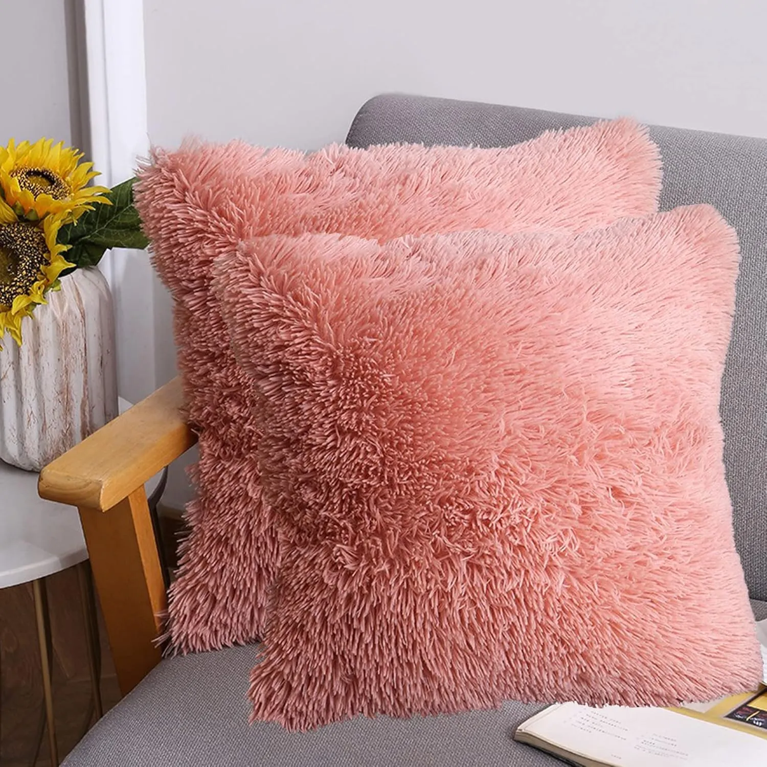 Soft Fur Faux Fur Throw Pillow Covers Red Pack of 2 Peach Blush Plush Decorative Tie Dye Pink Throw Girls Pillow Covers, Cute Cushion Cases Pillowcases for Sofa Couch Living Room Bedroom
