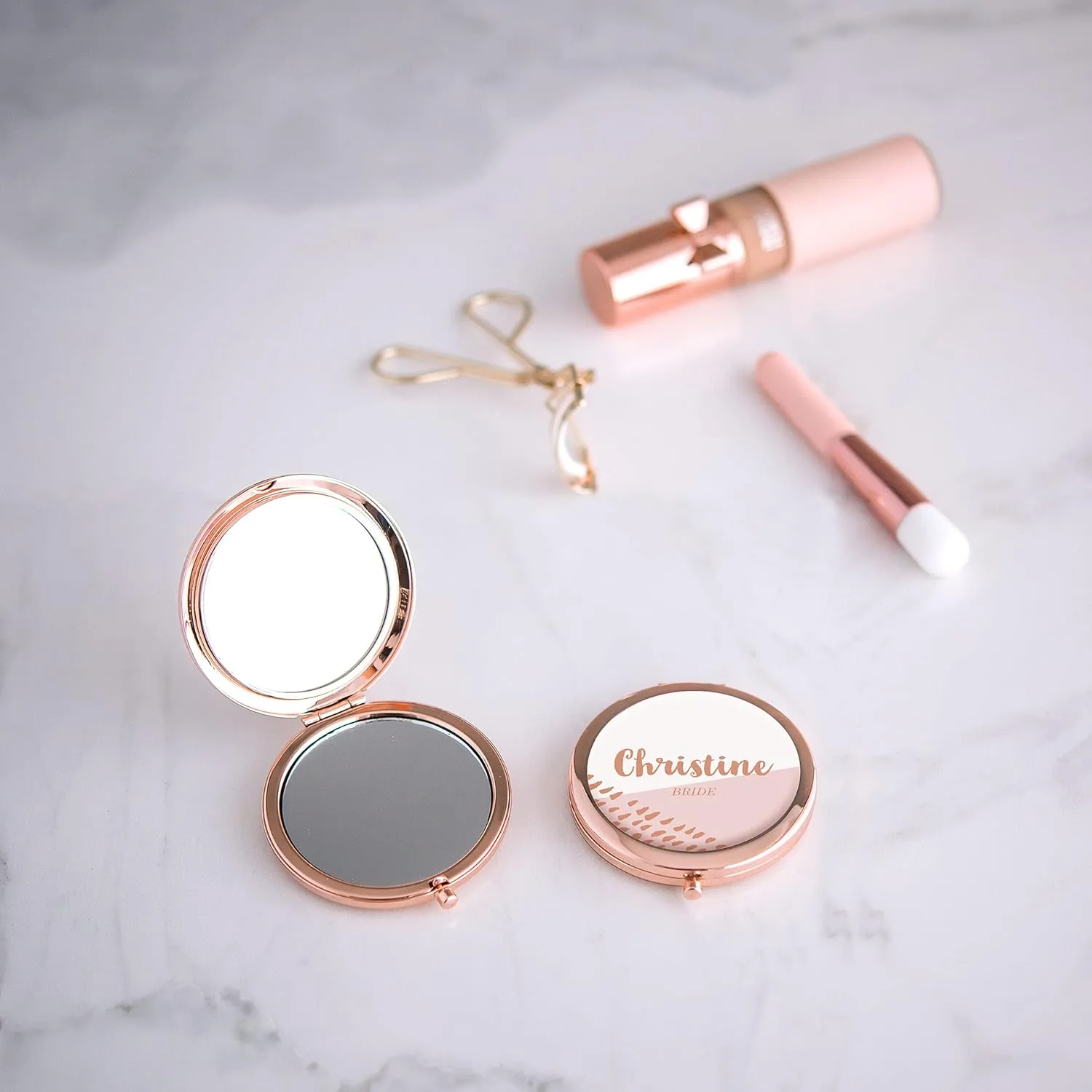 WEDDINGSTAR Custom Engraved Personalized Compact Mirror, Rose Gold - Retro Luxe Blush