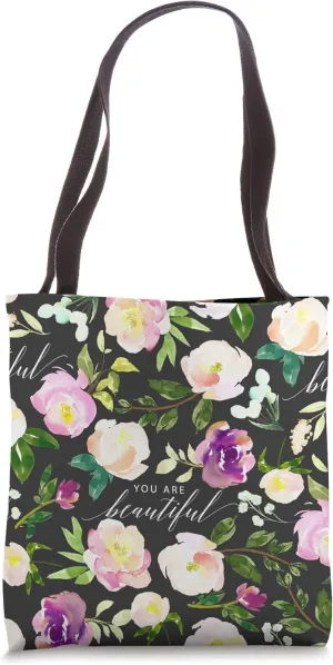 You Are Beautiful Floral Quote Pattern | Dark Charcoal Gray Tote Bag