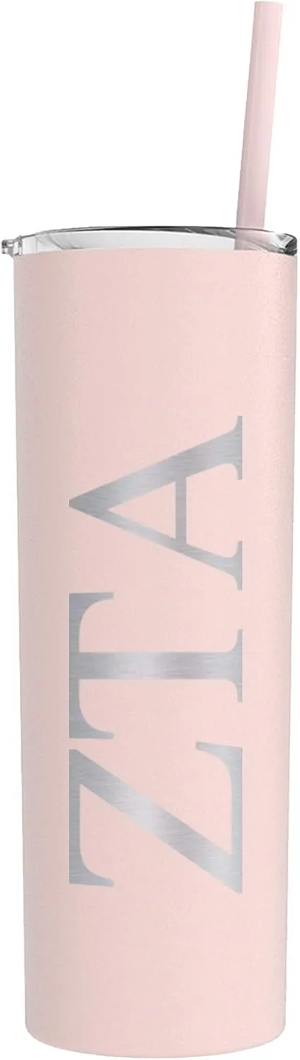 Zeta Tau Alpha Greek Letter Skinny Tumbler with Straw (Matte Blush)