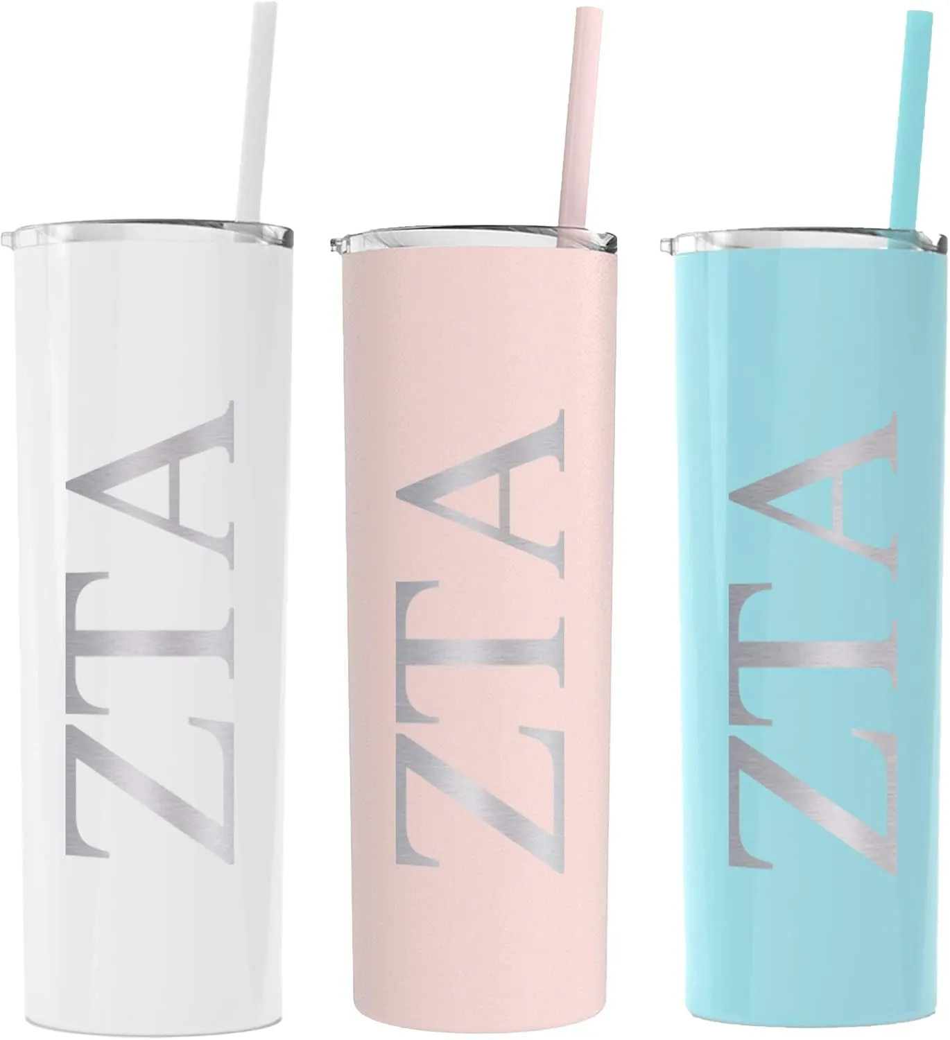 Zeta Tau Alpha Greek Letter Skinny Tumbler with Straw (Matte Blush)